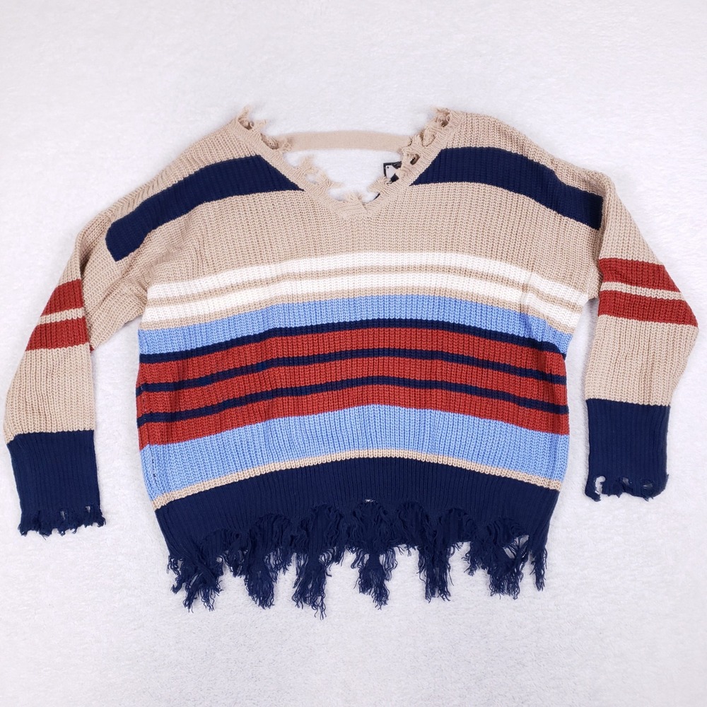 Rue21 Distressed Striped Sweater Womens Medium V-Neck Grunge Boho Slouchy